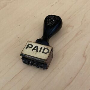 Vintage 'PAID' Hand Stamp - Black Handle, Brass Plate